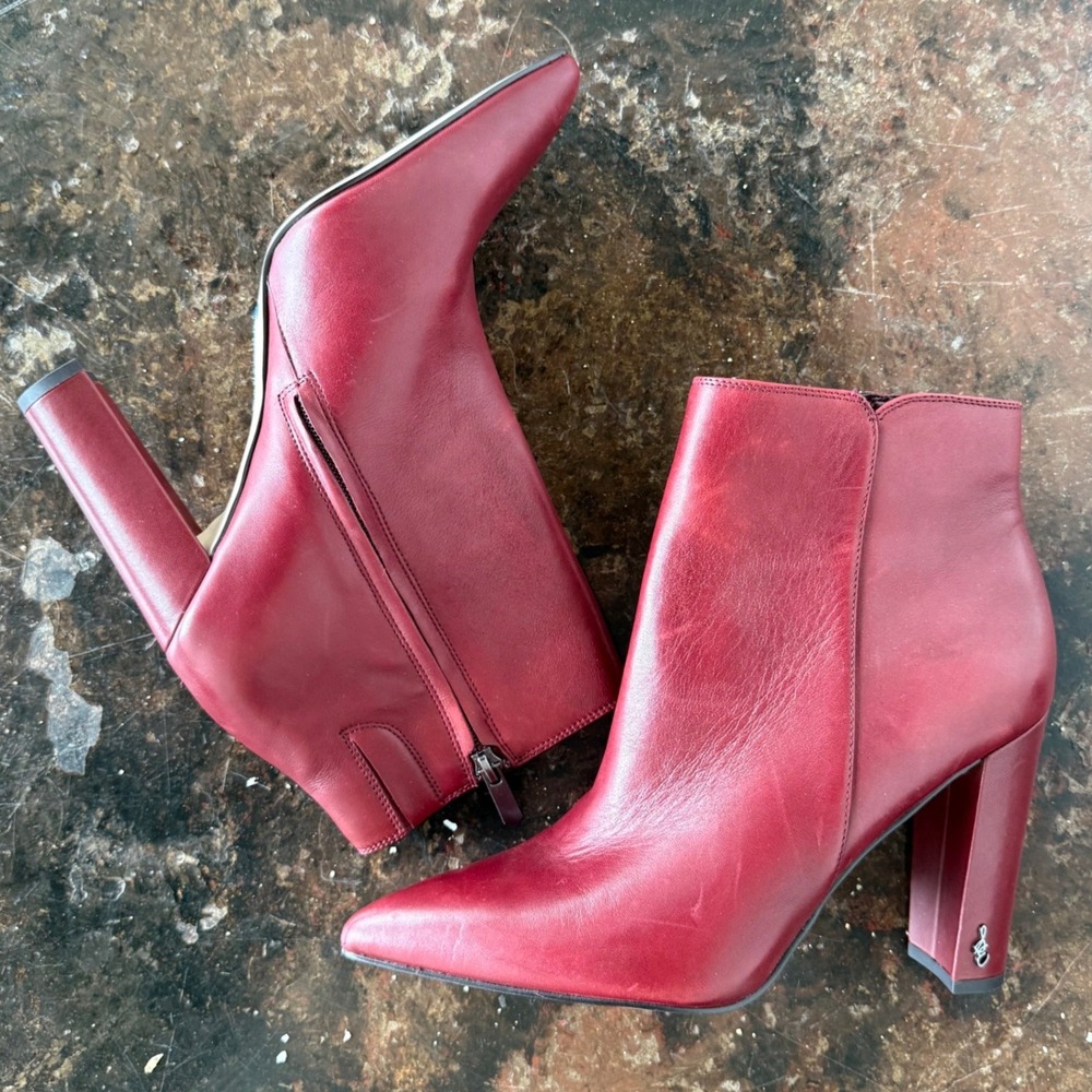 Sam Edelman Booties Leather Ankle Boots Pointed Toe Block Heel Booties Red 9